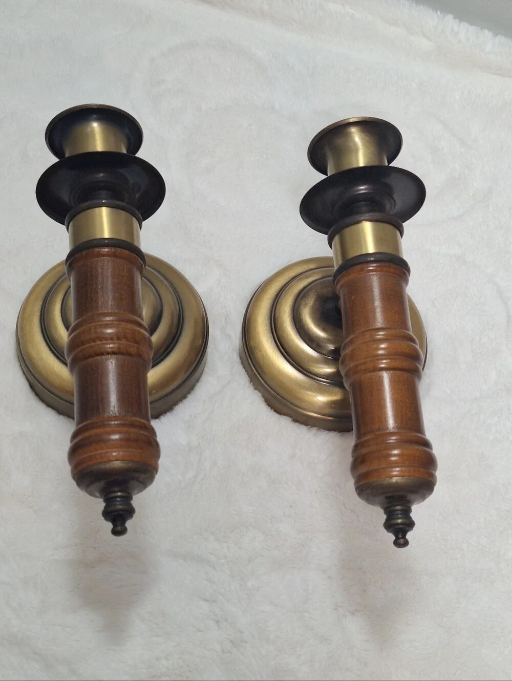 Vtg Set Of 2 Homco Wood & Antique Brass Tone Wall Sconces Candlestick Holders